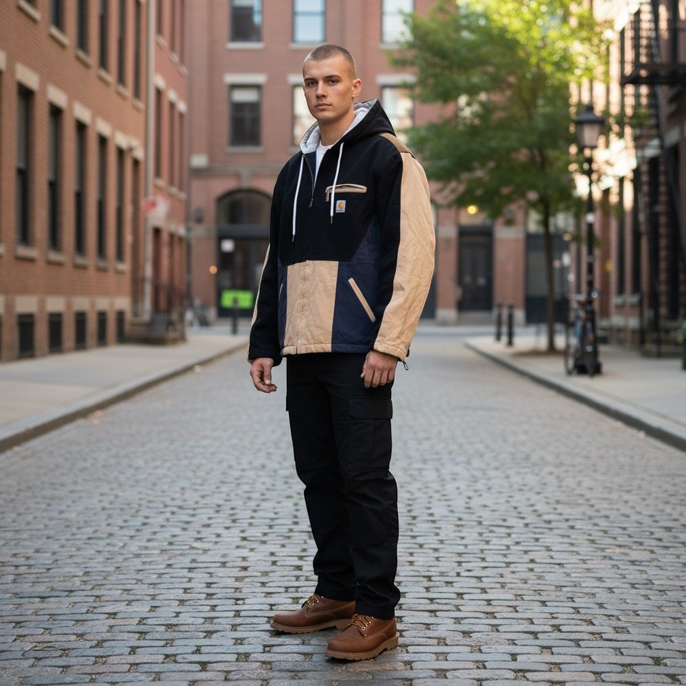 Carhartt Upcycled Colorblock Patchwork Hooded Jacket Mens Medium Multi-Tone Zip